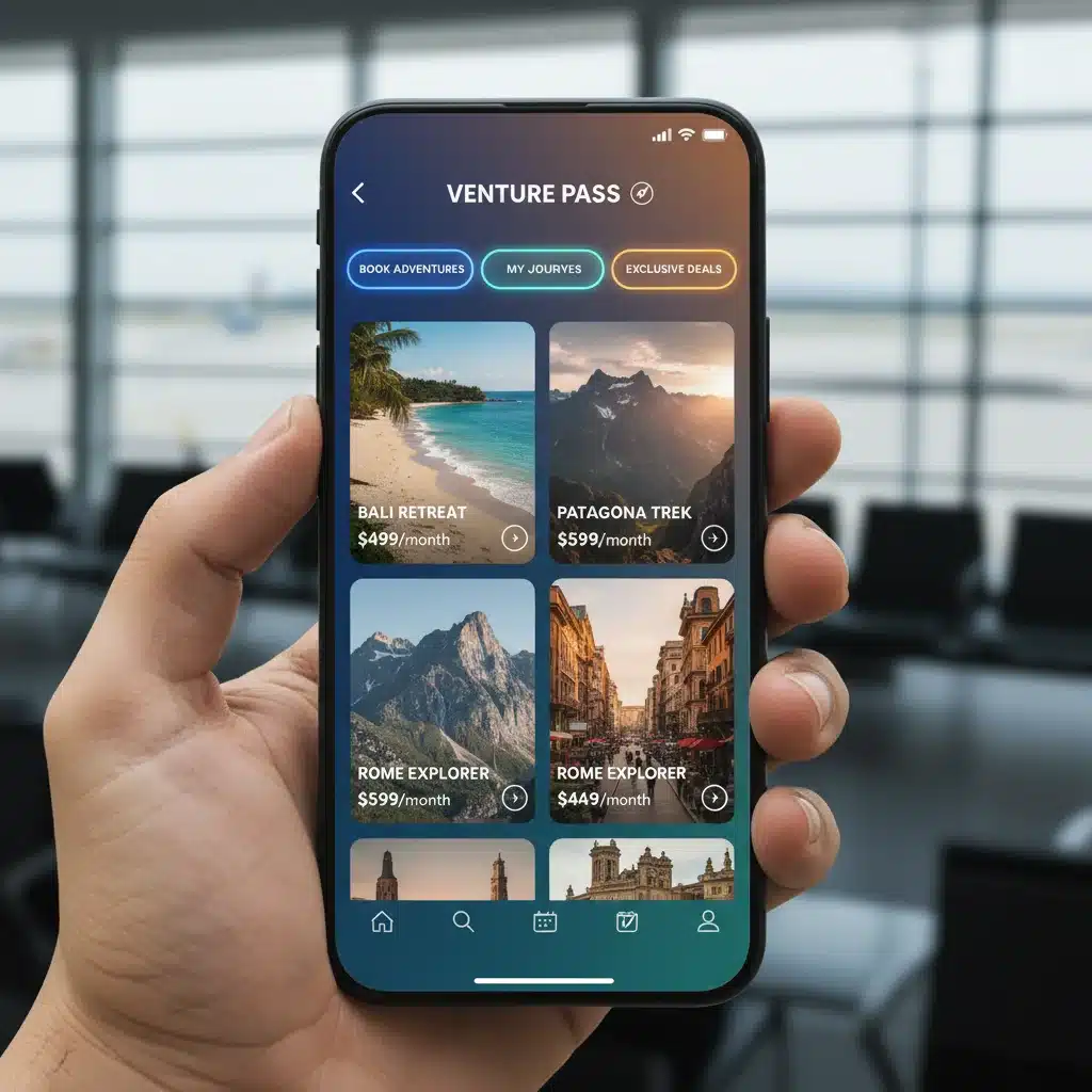 Smartphone app interface for a modern travel subscription service.