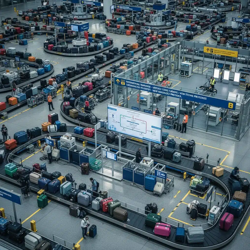 Baggage claim area with numerous suitcases on conveyor belts, relevant to customs procedures for connecting flights.